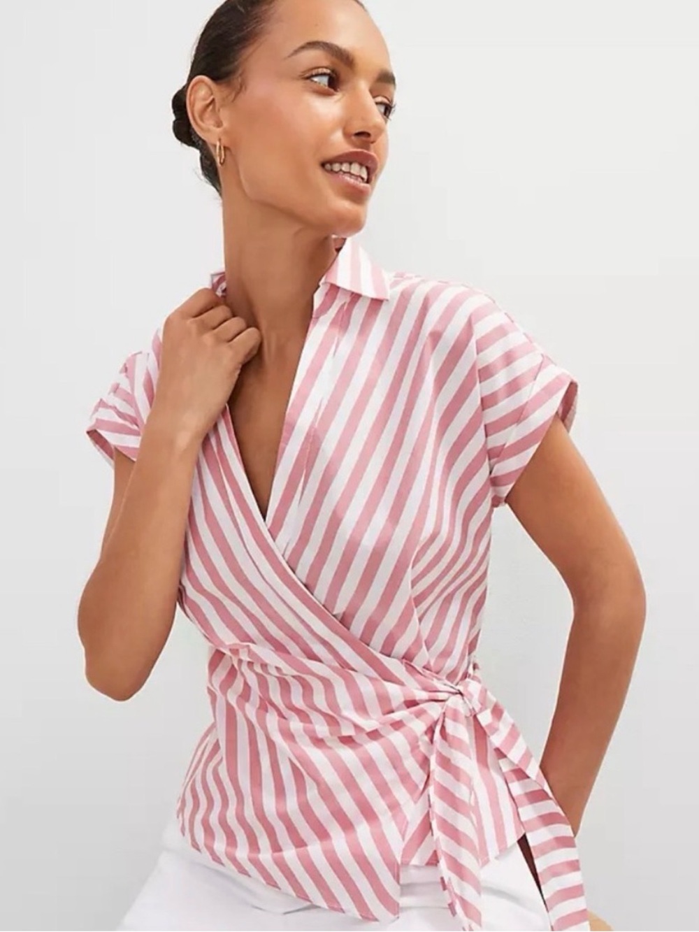 Ann Taylor Short Cap Sleeve Wrap Top Stripped Blouse Red & White Size Medium